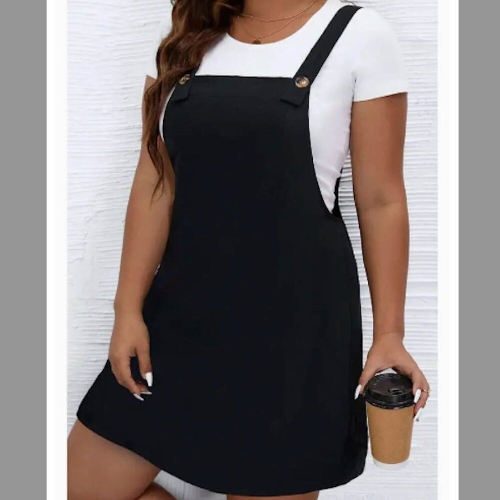 Plus Size Solid Black Buttoned Strap Dress